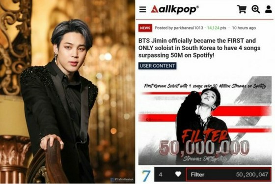 "BTS" Jimin, all four solo songs exceeded "Spotify" 50 million ...first for K-POPin history.