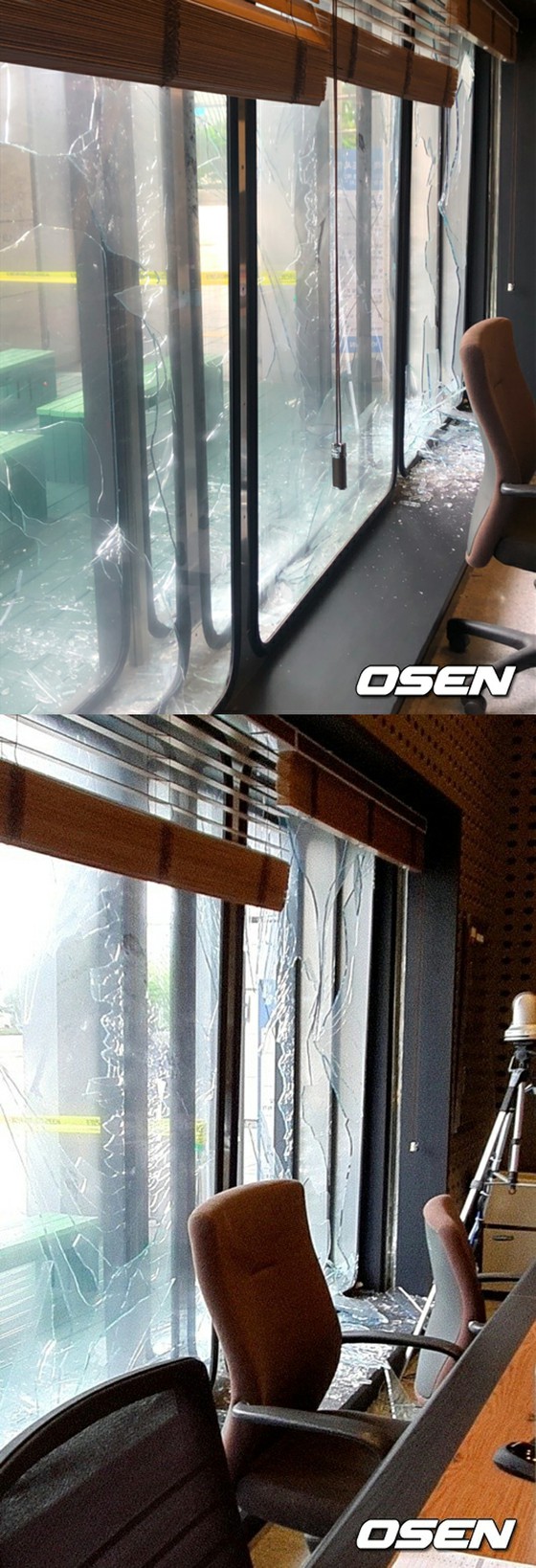 KBS, glass windows were broken at a open studio during live broadcasting...