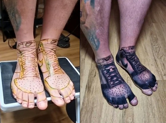 "Tired of buying shoes" ... British man with "Nike" sneaker tattoos on both feet = Korean coverage