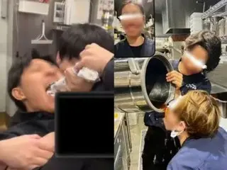 Holding my part-time worker from behind and pouring whipped cream or soup into his mouth... "Is this fun?"