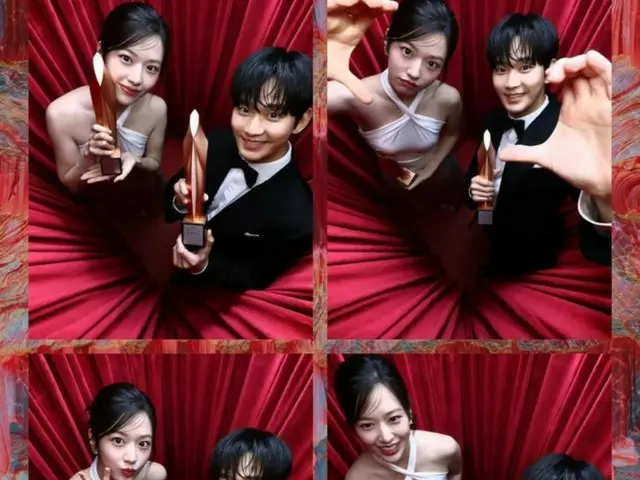 A photo of actor Kim Soo Hyun and An Yu Jin of IVE, winners of the Popularity Award at the 60th Baeksang Arts Awards, is a Hot Topic